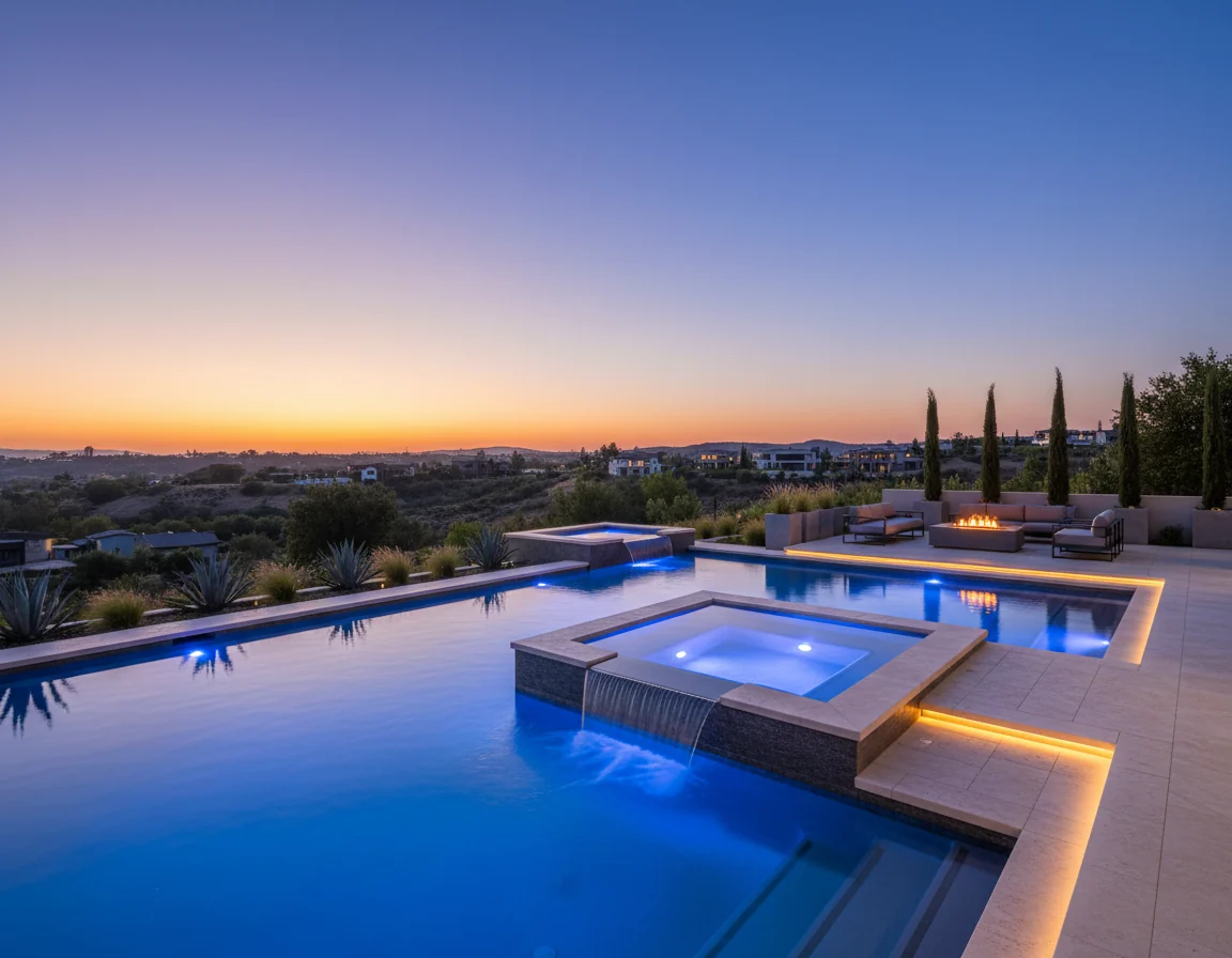 Aerial sunset view of a luxury custom pool and complete Arizona backyard