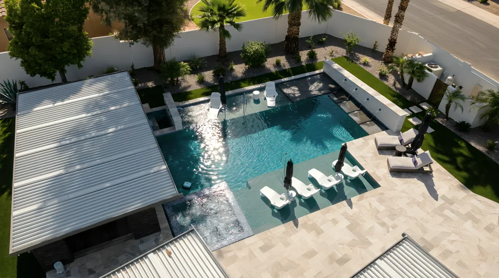 Aerial view of a custom Arizona swimming pool and complete backyard designed through Build With You Pools