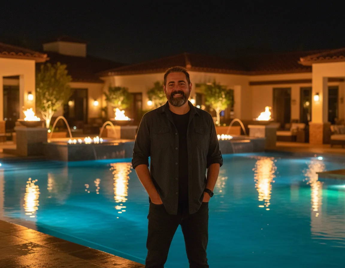 Jamie Landreman of Build With You Pools beside a completed Arizona swimming pool