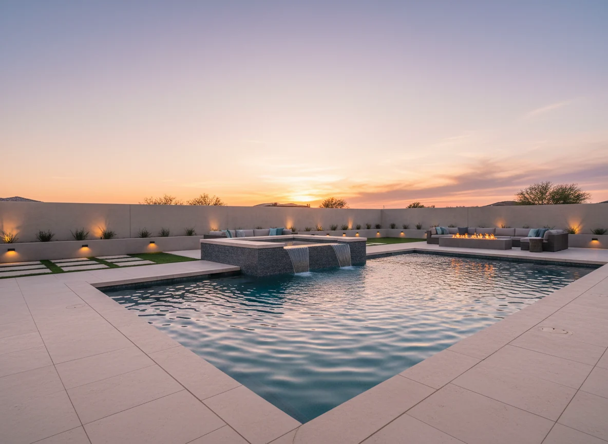 Modern custom Arizona pool at sunset with integrated spa and outdoor living area