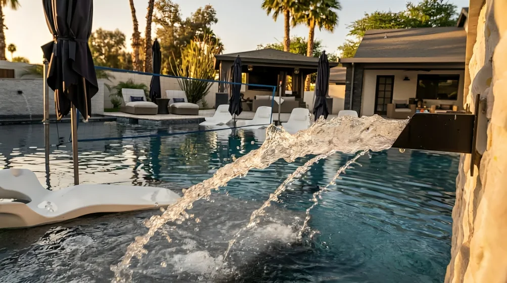 Custom Arizona swimming pool with raised water feature and surrounding stonework
