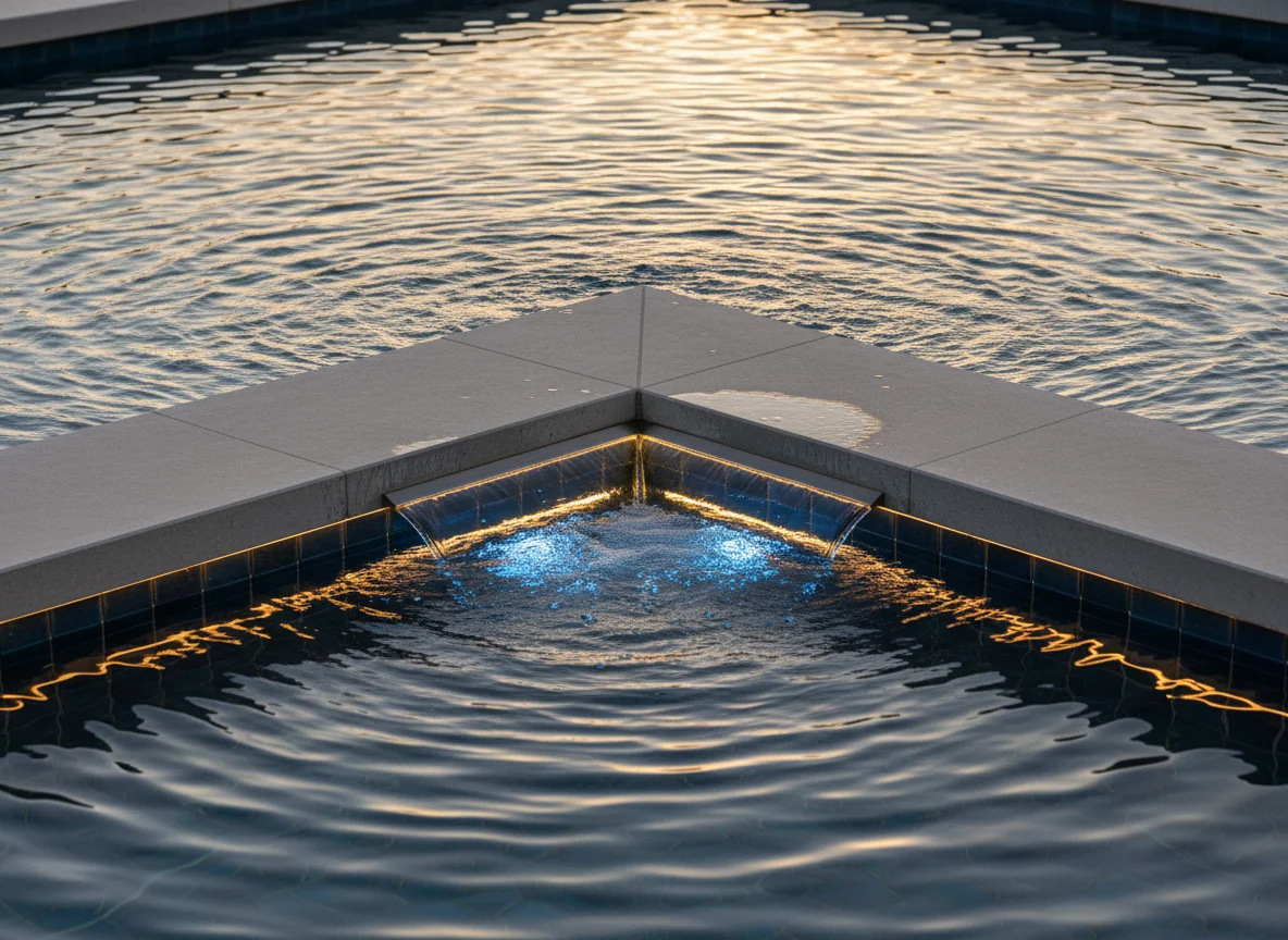 Close view of a custom spa overflow and pool finish detail