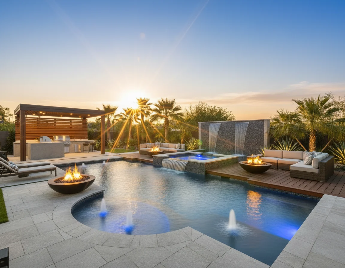 Arizona backyard pool with fire and water features