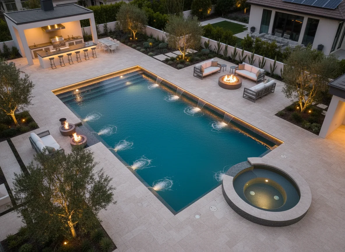 Aerial view of a custom swimming pool and backyard in Chandler Arizona