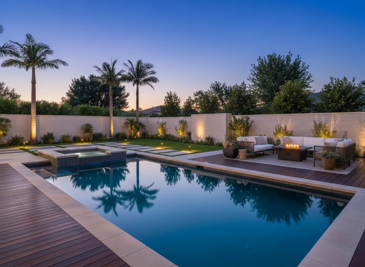 Custom raised spa connected to an Arizona backyard swimming pool
