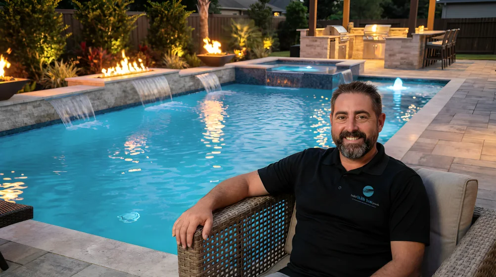 Jamie Landreman representing Build With You Pools beside a completed Arizona backyard pool