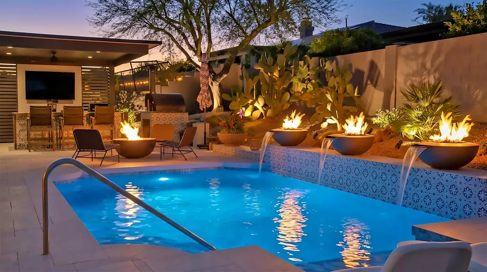 Arizona pool with custom fire feature