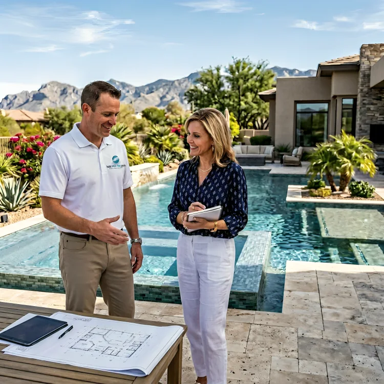 Build With You Pools consultation beside a custom Arizona swimming pool