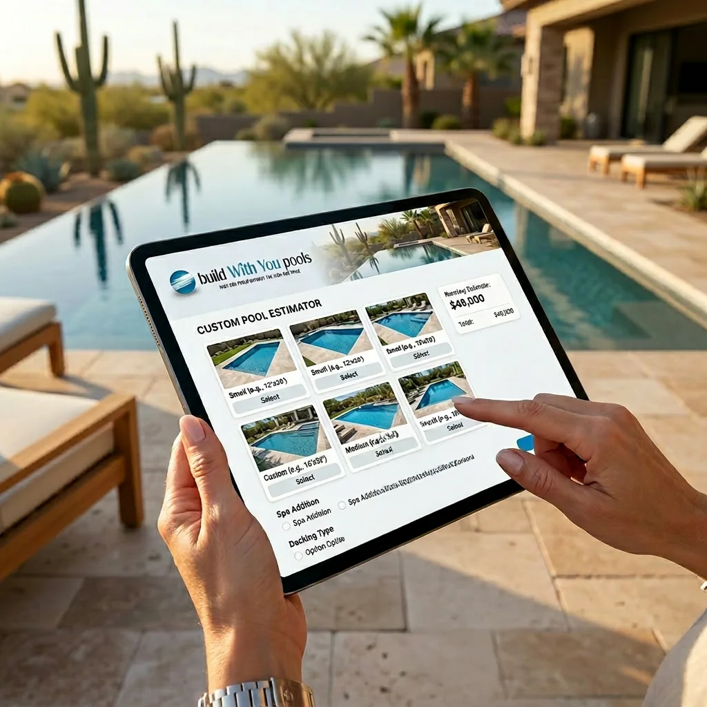 Build With You Pools cost estimator shown on a tablet beside a custom Arizona swimming pool