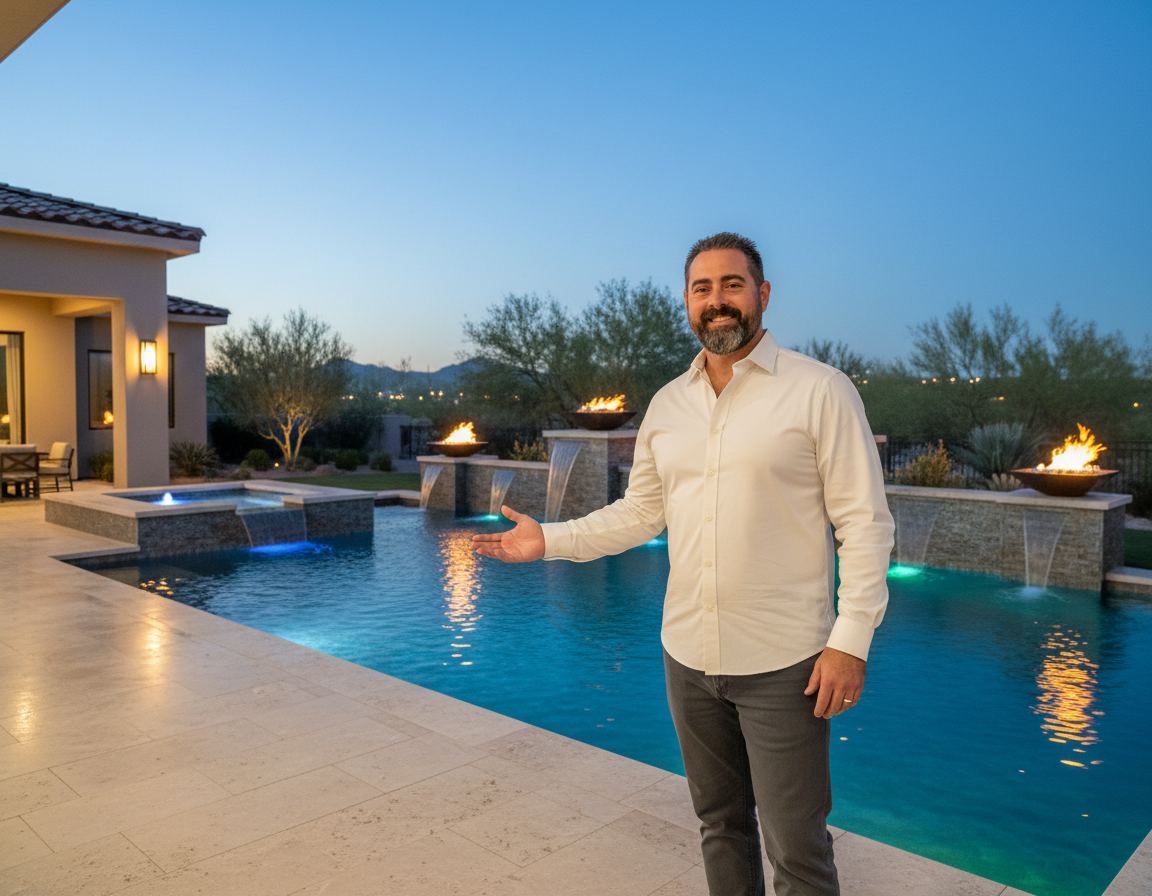 Jamie Landreman beside a completed custom Arizona pool with fire and water features